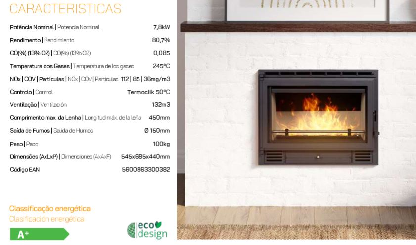 INSERTABLE CHIMENEA LEÑA CANALIZABLE R8A 7,8kW METLOR