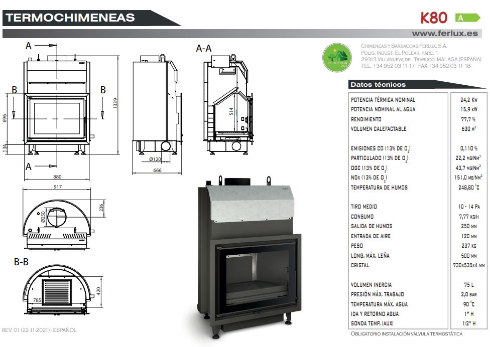 Ficha técnica chimenea de leña para AGUA K-80