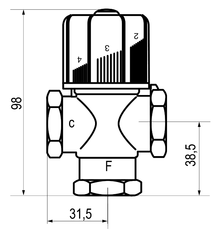 VÁLVULA MEZCLADORA TERMOSTÁTICA 3/4&quot; 99200 DIMENSIÓN