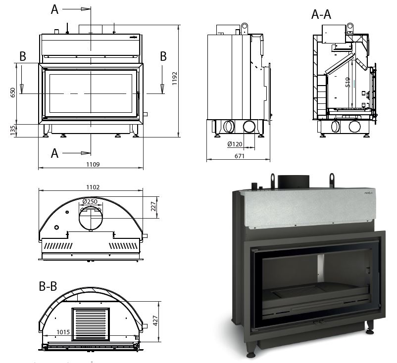 CHIMENEA INSERTABLE HIDRO LEÑA SERIGRAFIADO AGUA K-100 24,2kW FERLUX